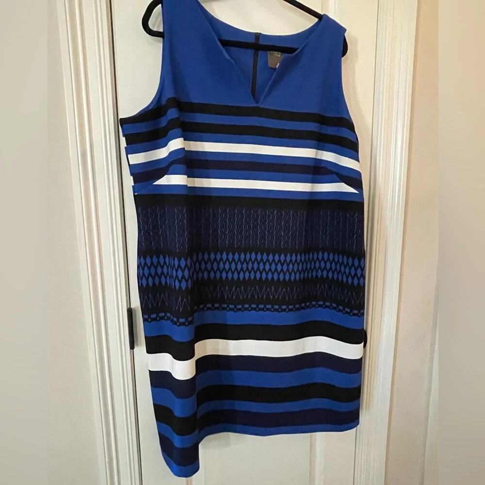 Taylor Blue and Black Striped Shift Career Dress - EUC 22W